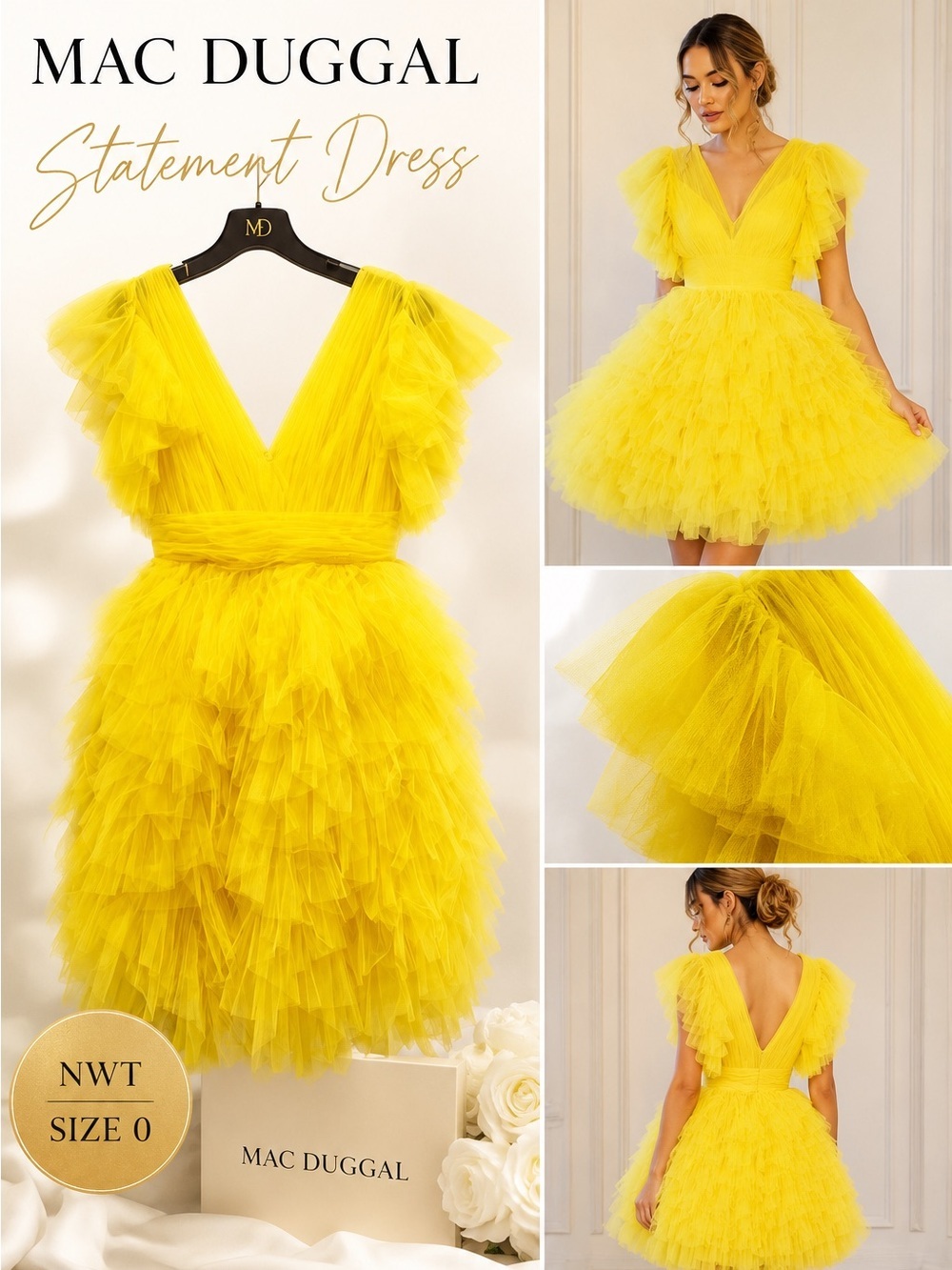 Mac Duggal Yellow Flutter Sleeve Mini Dress 0 NWT Wedding Guest Cocktail